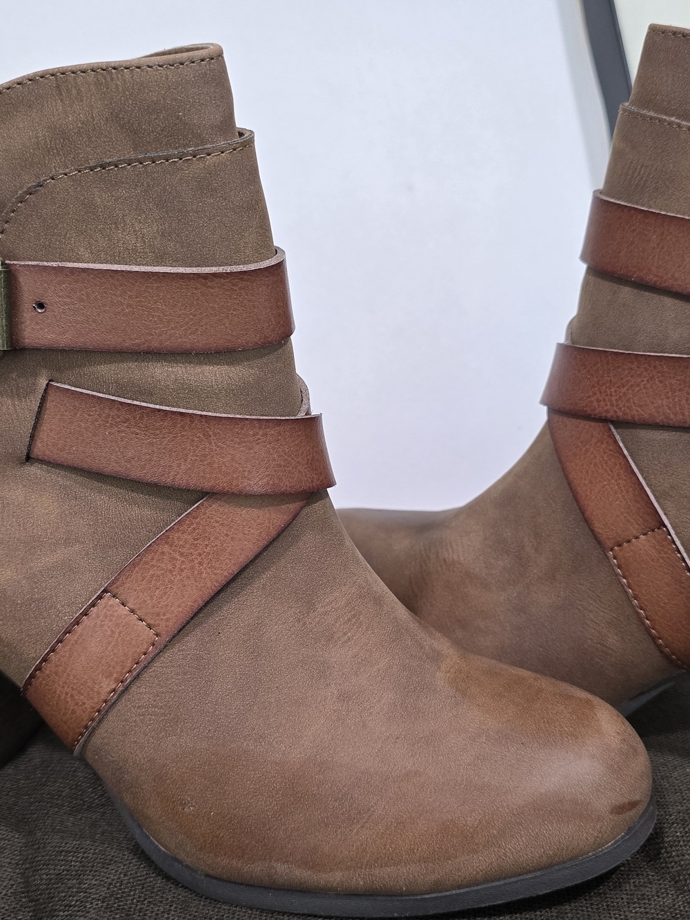 Tan Women's Ankle Booties with Wrapped Strap Accent